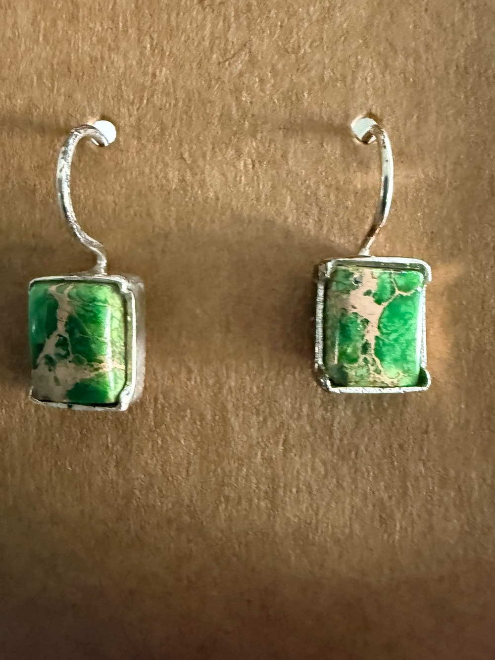 Silver Overlay Green Sea Sediment Stone Dangle Earrings Boho Jewelry